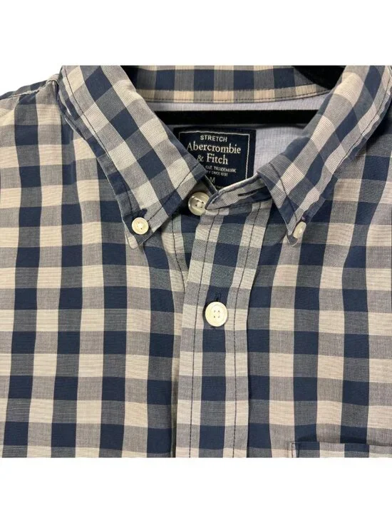 Abercrombie & Fitch Blue White Gingham Shirt Check Button Up Stretch M Mens - Picture 2 of 15
